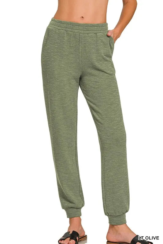 Zenana Cotton Slub Jogger Pants LT OLIVE