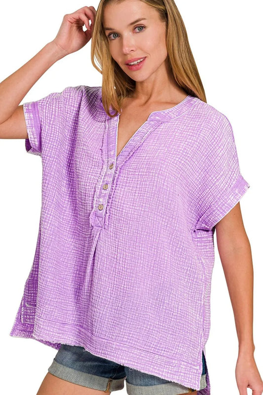 Zenana Washed Double Gauze 3/4 Button Henley Neck Shirt B LAVENDER