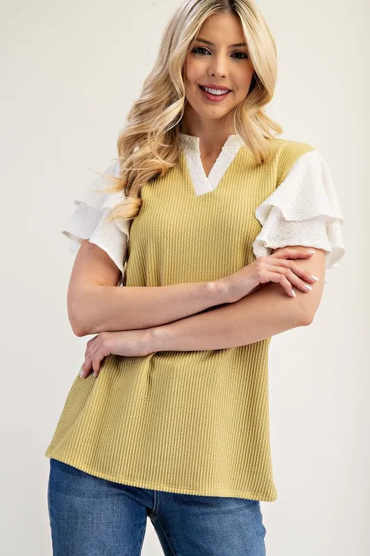 Celeste Full Size Solid Color Top with Ruffle Layered Sleeves Plus Size