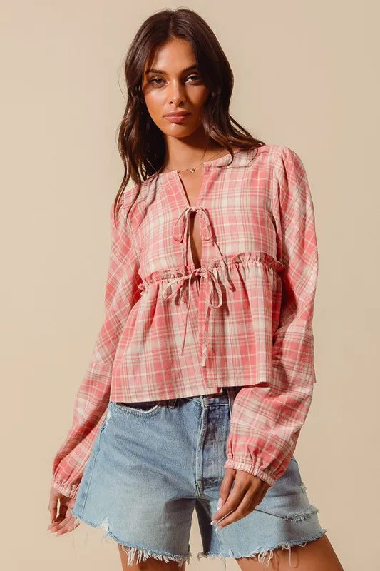 SO ME Front Tie Checkered Plaid Blouse