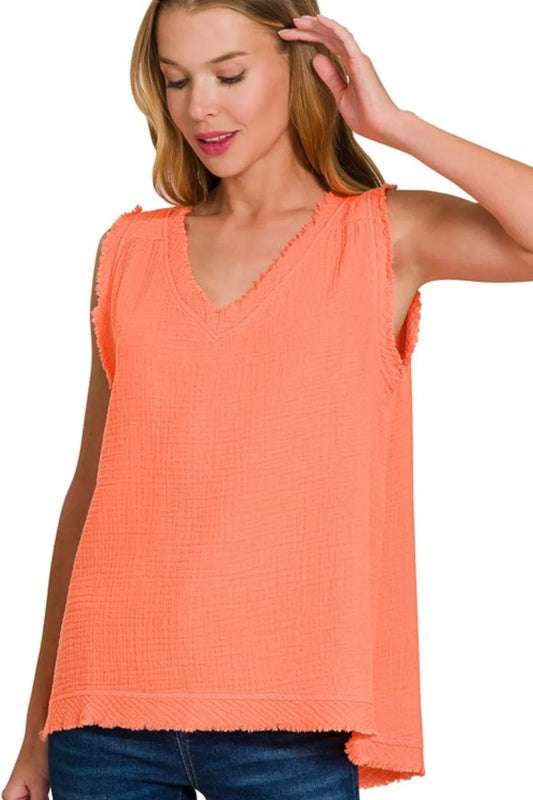 Zenana Double Gauze Raw Edge V-Neck Tank CORAL