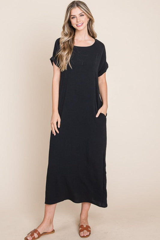 BOMBOM Round Neck Short Sleeve Midi Dress with Pockets Black