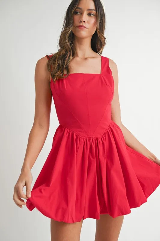 MABLE Poplin Square Neckline Bubble Mini Dress RED