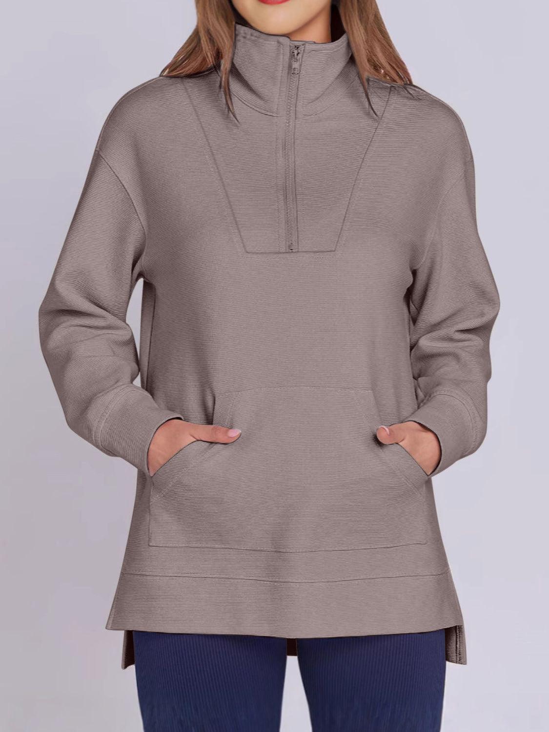 ฺHigh-Low Quarter Zip Long Sleeve Sweatshirt Mocha