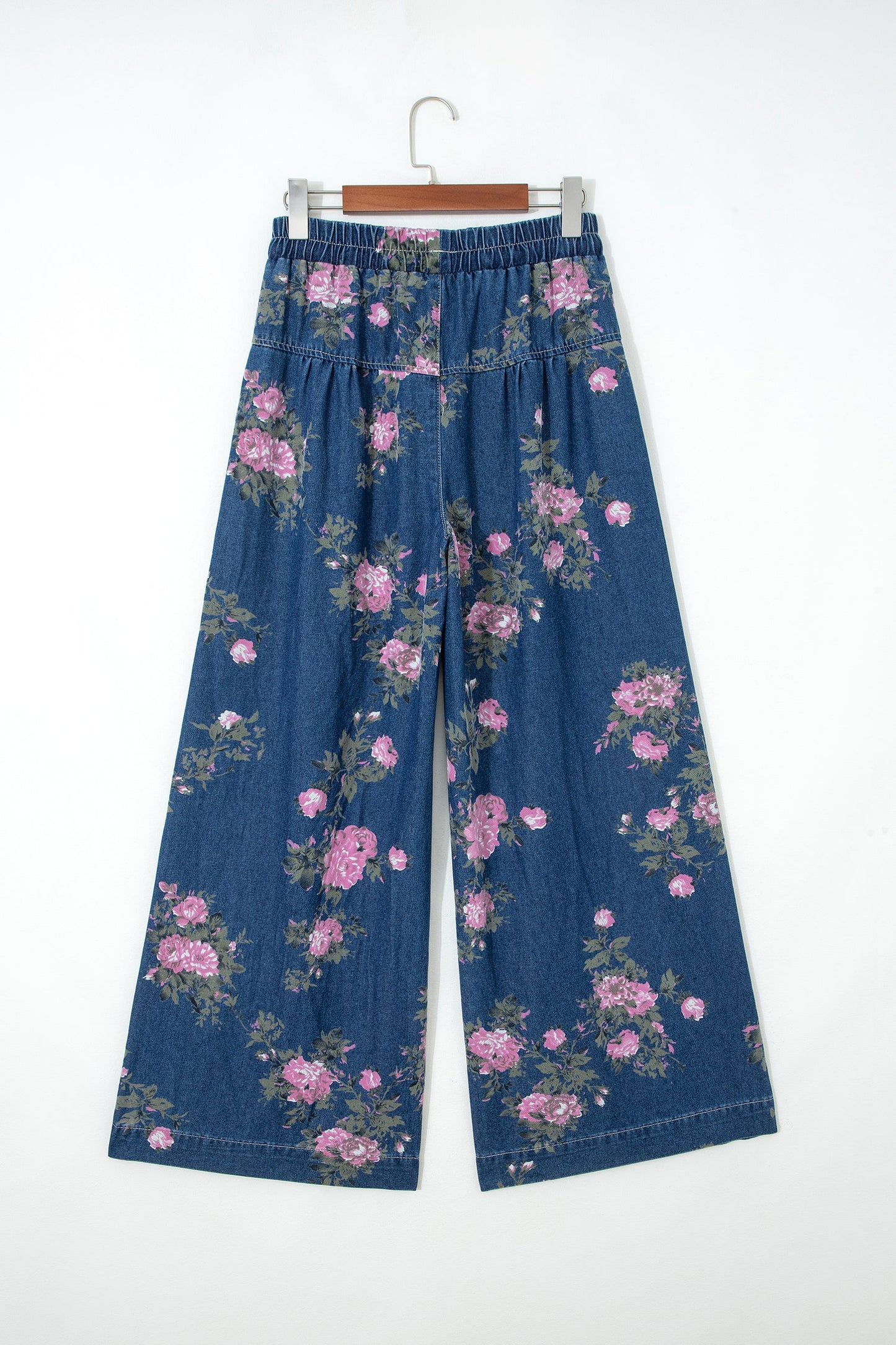 Floral Denim Pleated Tie Waist Wide Leg Jeans