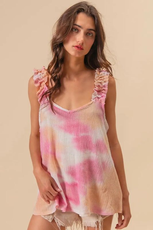 BiBi Tie Dye Printed Textured Woven with Ruffled PEACH PINK