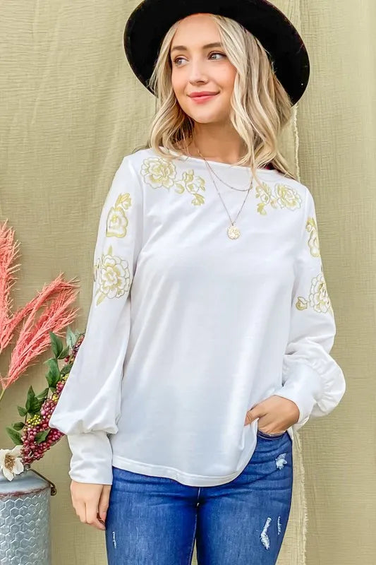 And The Why Flower Gold Embroidery Shoulder Detailed Top