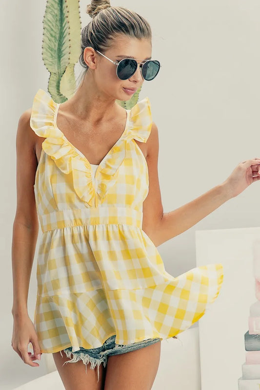 BiBi Ruffled Neckline Sleeveless Check Plaid Peplum Top LEMON IVORY