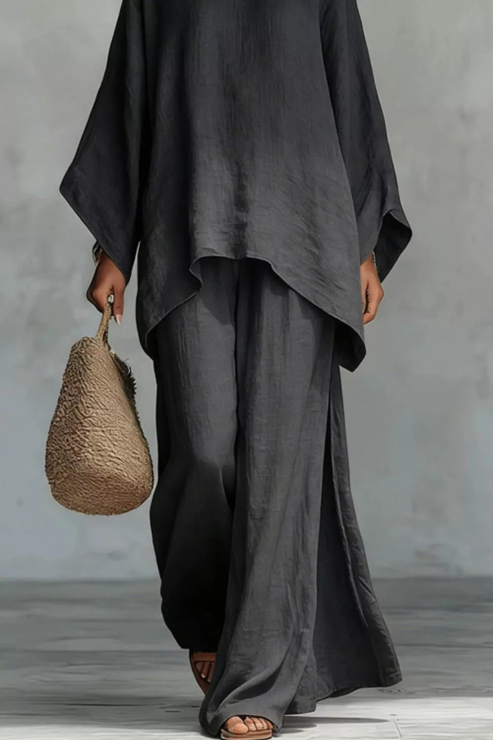 Solid Color Long Sleeve Top and Wide Leg Pants Set