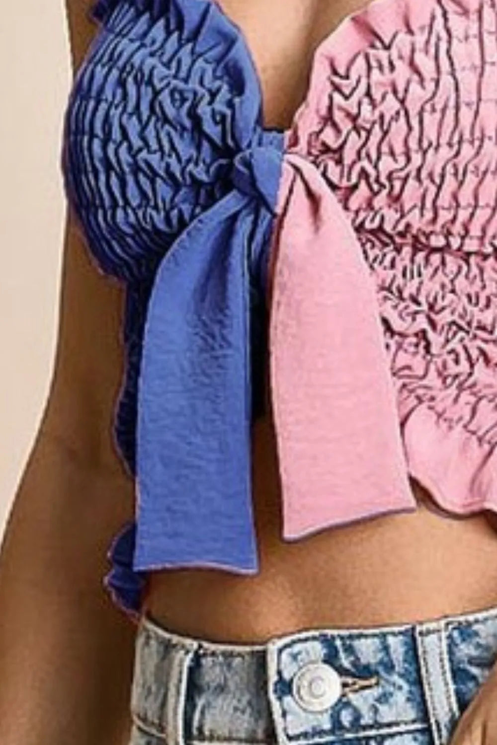 BiBi Woven Color Block Smocked with Ribbon Bra Top