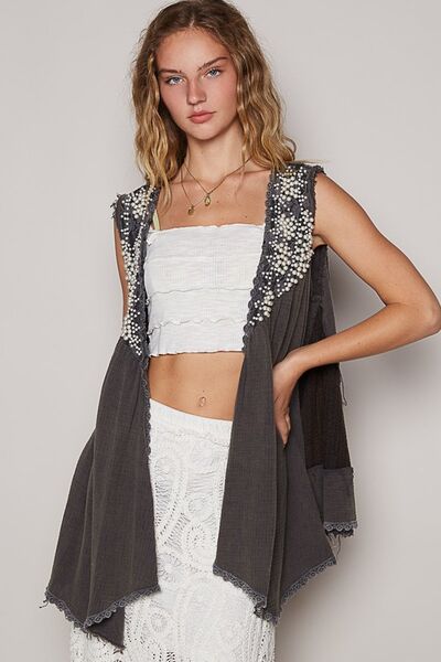 POL Embroidered Pearls Open Front Sleeveless Cardigan Charcoal