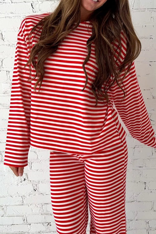 Striped Round Neck Top and Pants Set