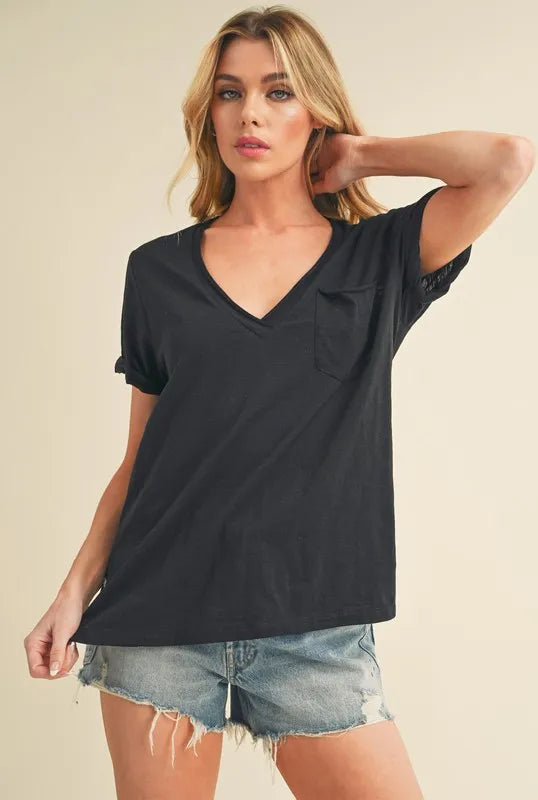 Aemi + Co Side Slit V-Neck Short Rolled Sleeve T-Shirt Black