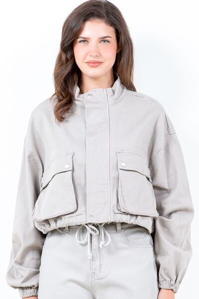 American Bazi Full Size Drawstring Hem Cargo Pocket Cropped Worker Jacket Plus Size Light Gray