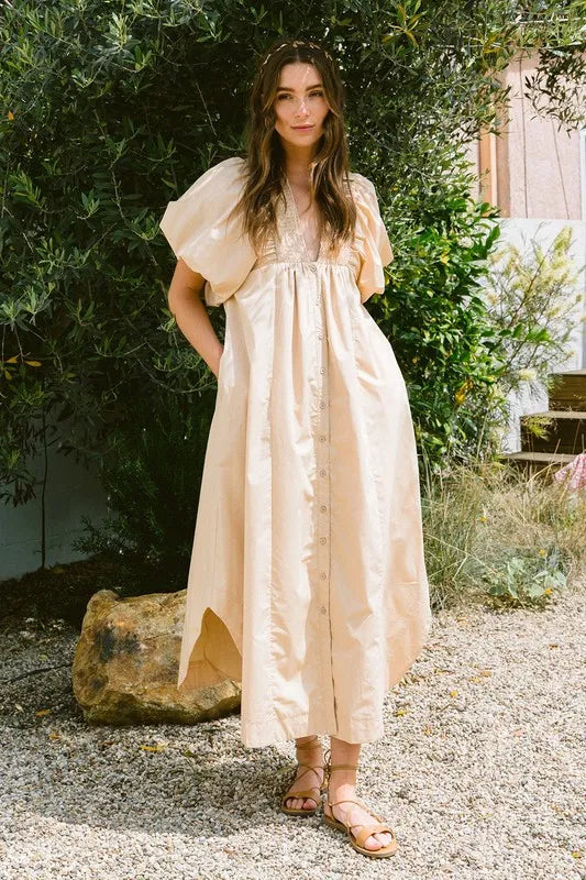 Annie Wear Smocked Puff Sleeve Midi Dress Tan