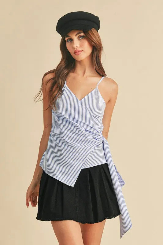 Aemi + Co Side Knotted Surplice Striped Cami White Sky