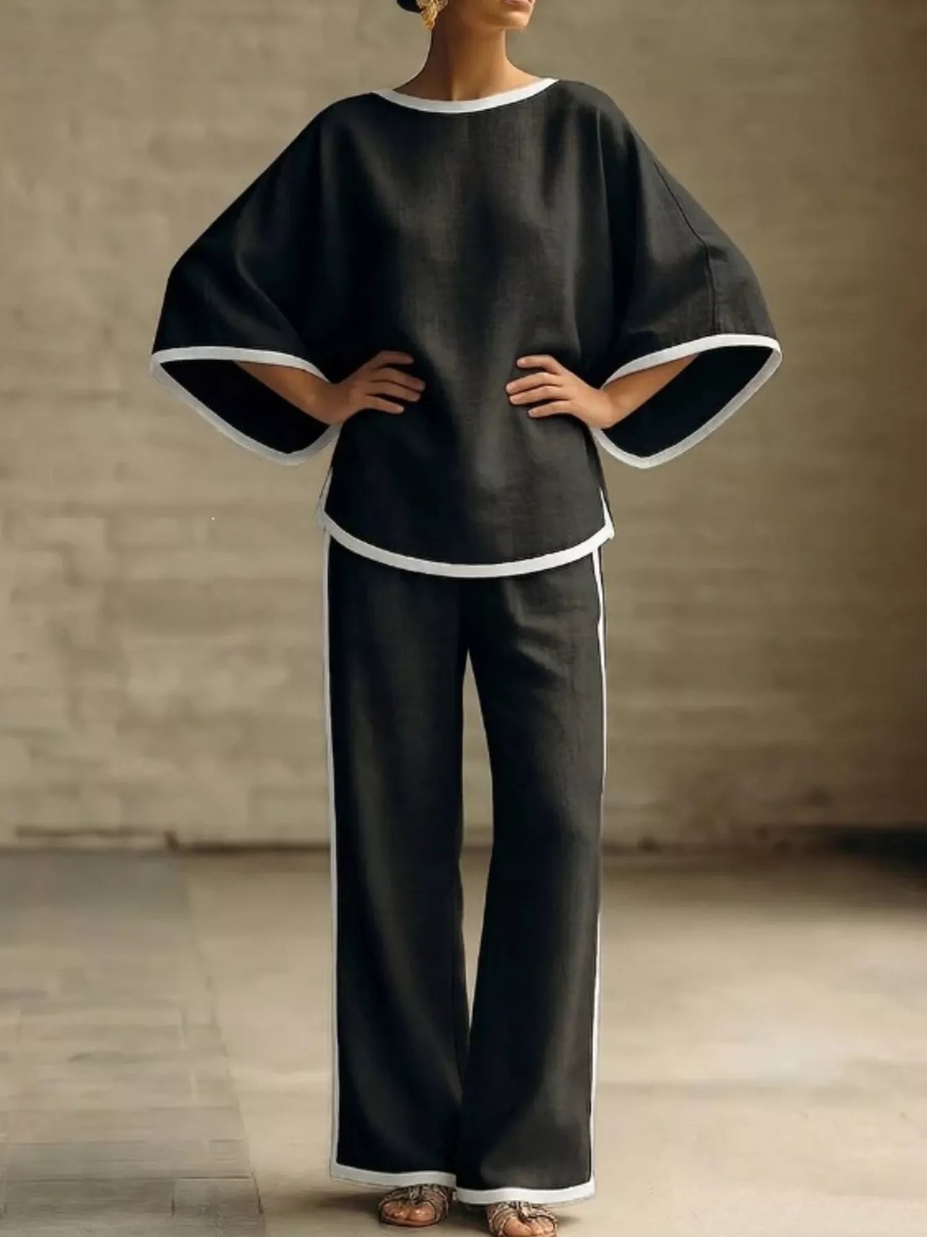 Full Size Contrast Trim Top and Wide-Leg Pants Set Plus Size