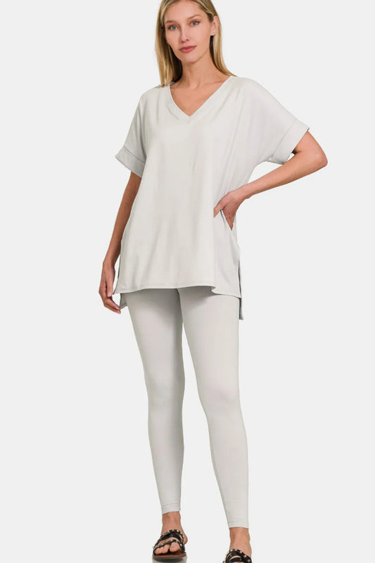 Zenana V-Neck Rolled Short Sleeve T-Shirt and Leggings Lounge Set Lt Cement