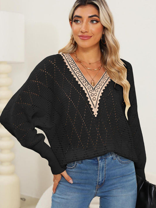 Lace Detail V-Neck Long Sleeve Sweater Black