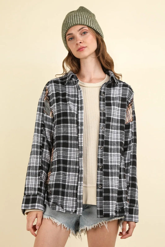 VERY J Contrast Plaid Raw Detail Shirt Black