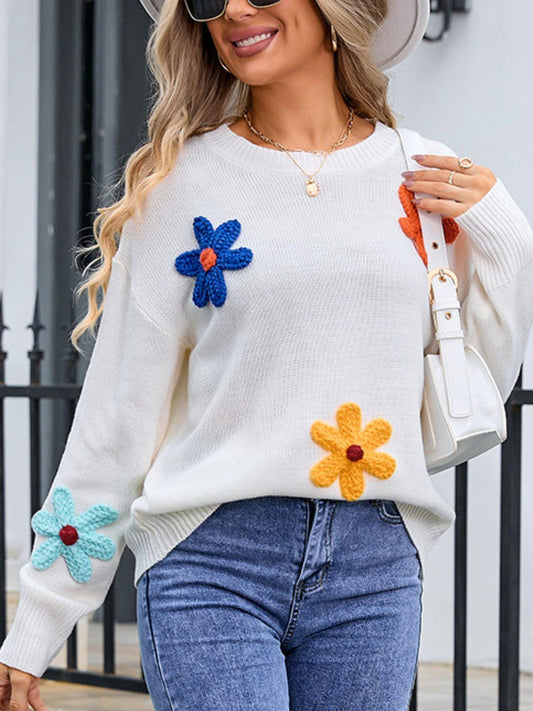 Angel Wings Crochet Flower Round Neck Sweater White