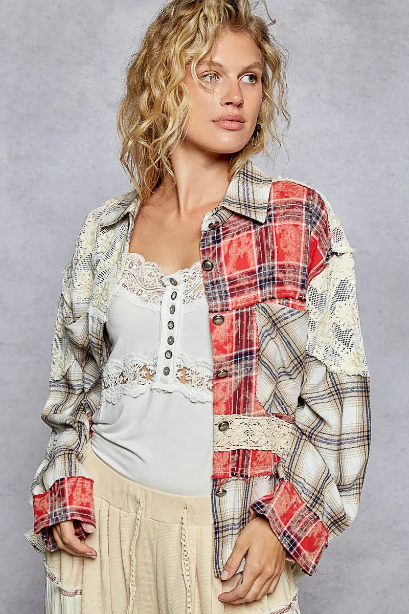 POL Lace Patchwork Plaid Oversized Shirt Red