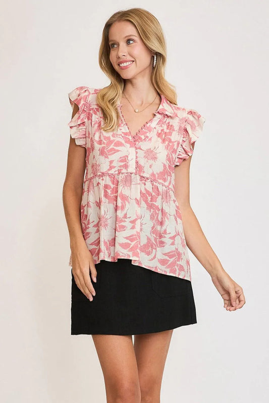 Umgee Full Size Botanical Print Babydoll Top Plus Size Dusty Pink