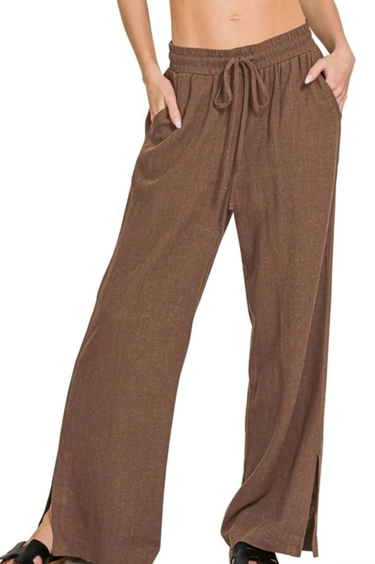 Zenana Linen Drawstring Pants BROWN