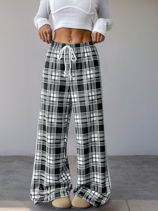 Perfee Drawstring Plaid Wide Leg Pants Black