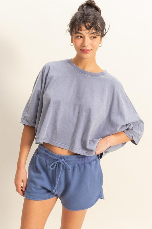 HYFVE Lightweight Round Neck Batwing Sleeve T-Shirt DUSTY INDIGO