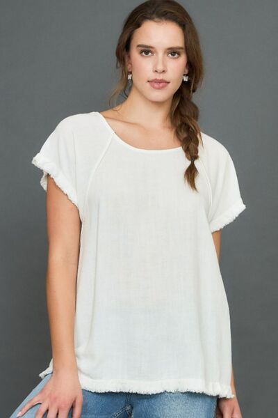 Umgee Full Size Seam Detail Linen Ruffle Fringe Edge Top Plus Size OFF WHITE