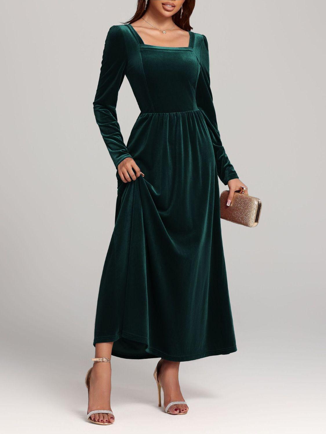 Velvet Square Neck Long Sleeve Dress Dark Green