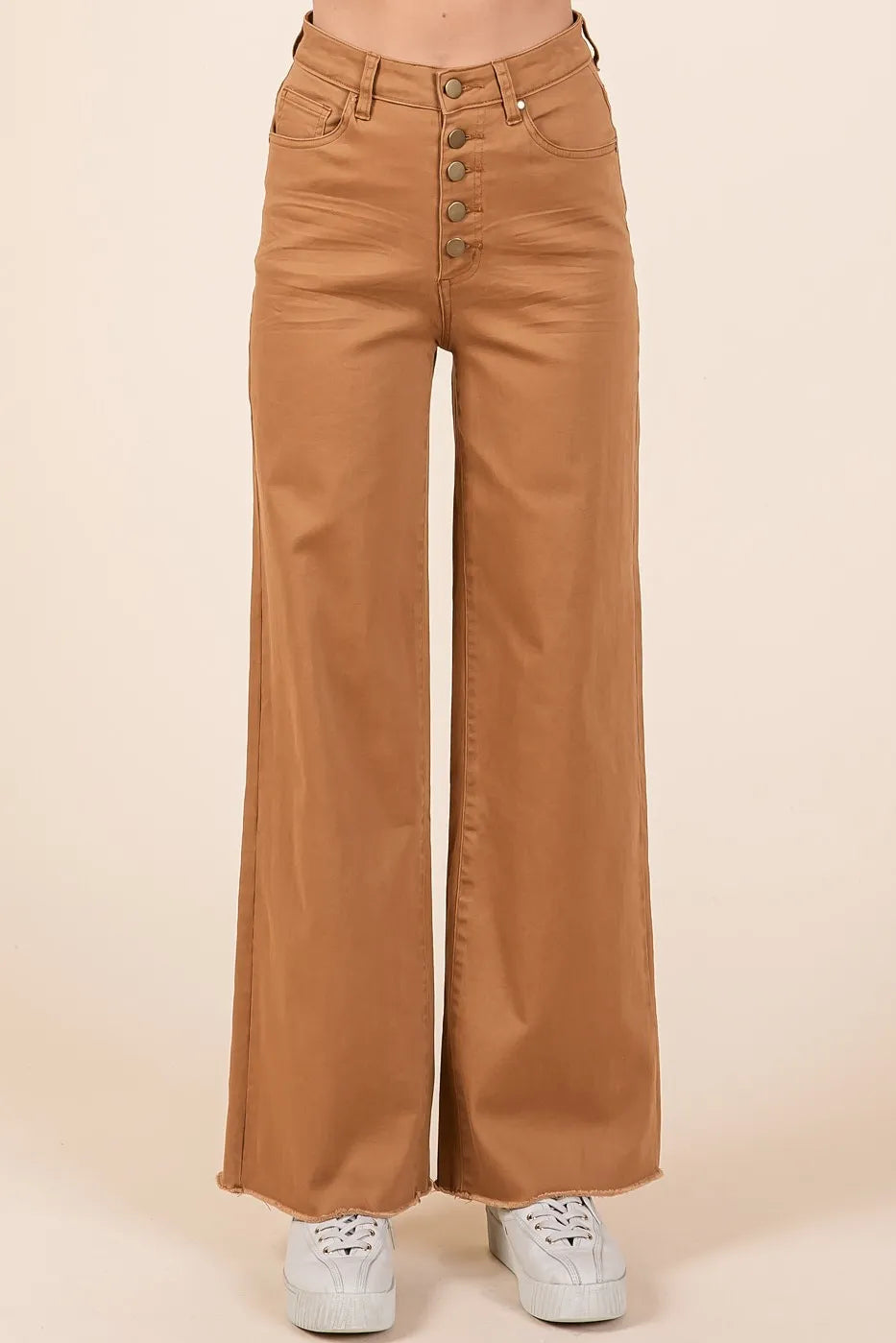 Mittoshop Twill High Waisted Button Fly Wide Leg Pants CAMEL