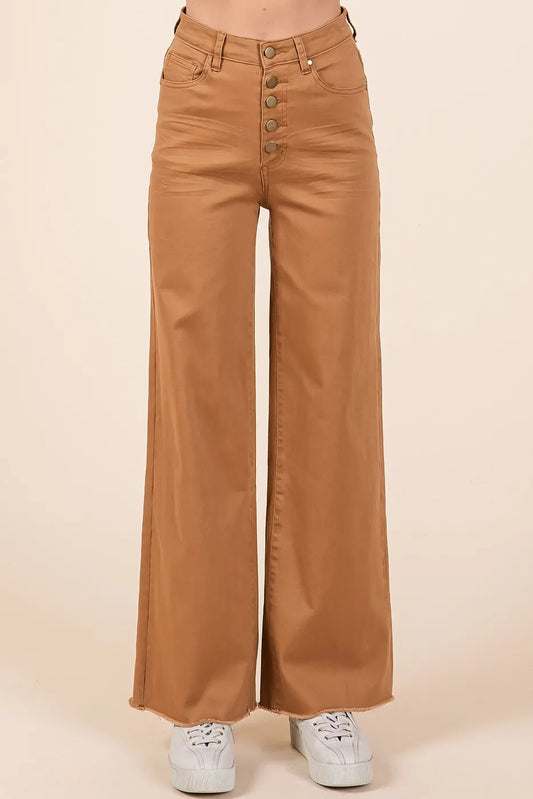 Mittoshop Twill High Waisted Button Fly Wide Leg Pants CAMEL