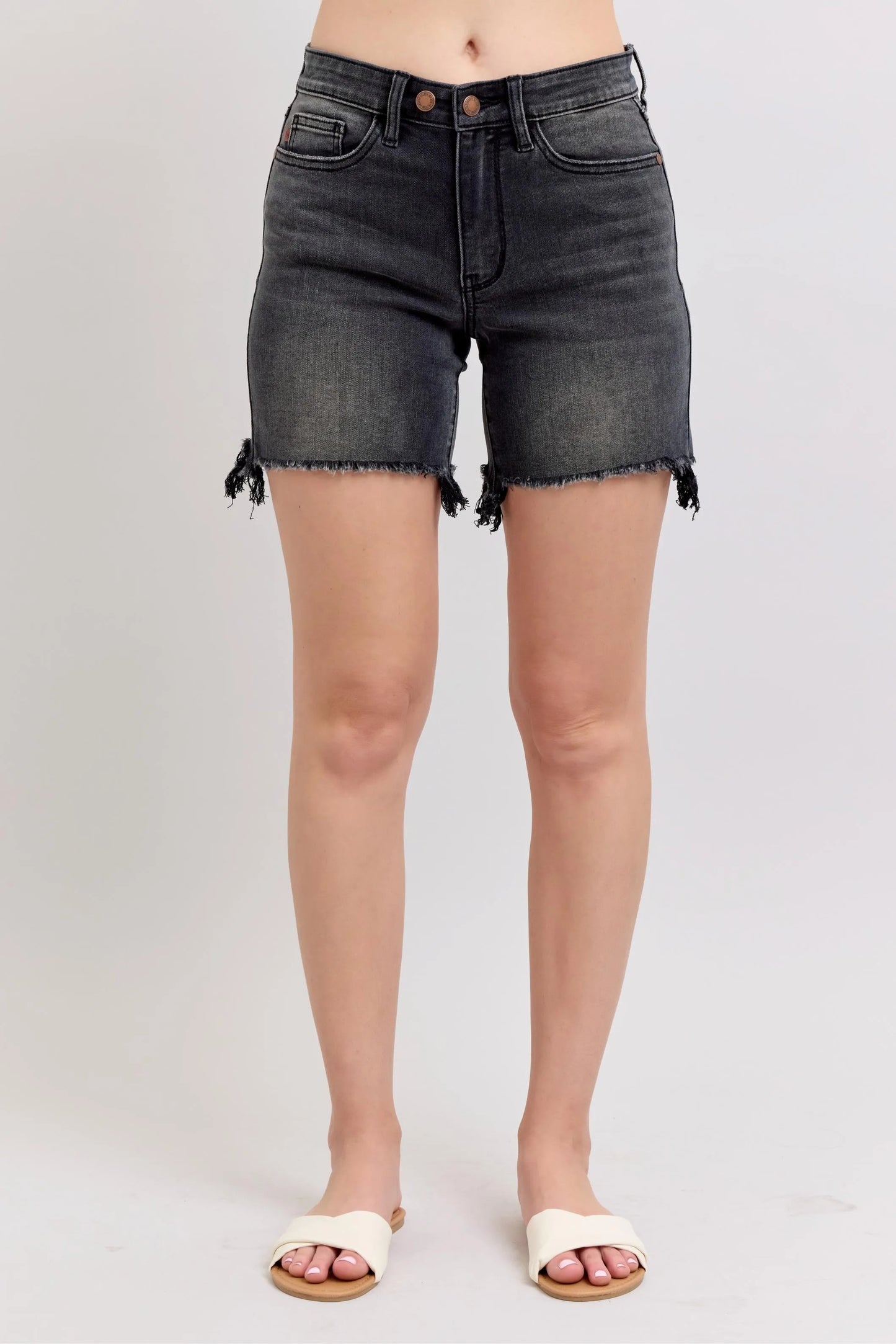 Judy Blue Full Size Long Cut Off 2 Button Dad Denim Shorts Plus Size Black