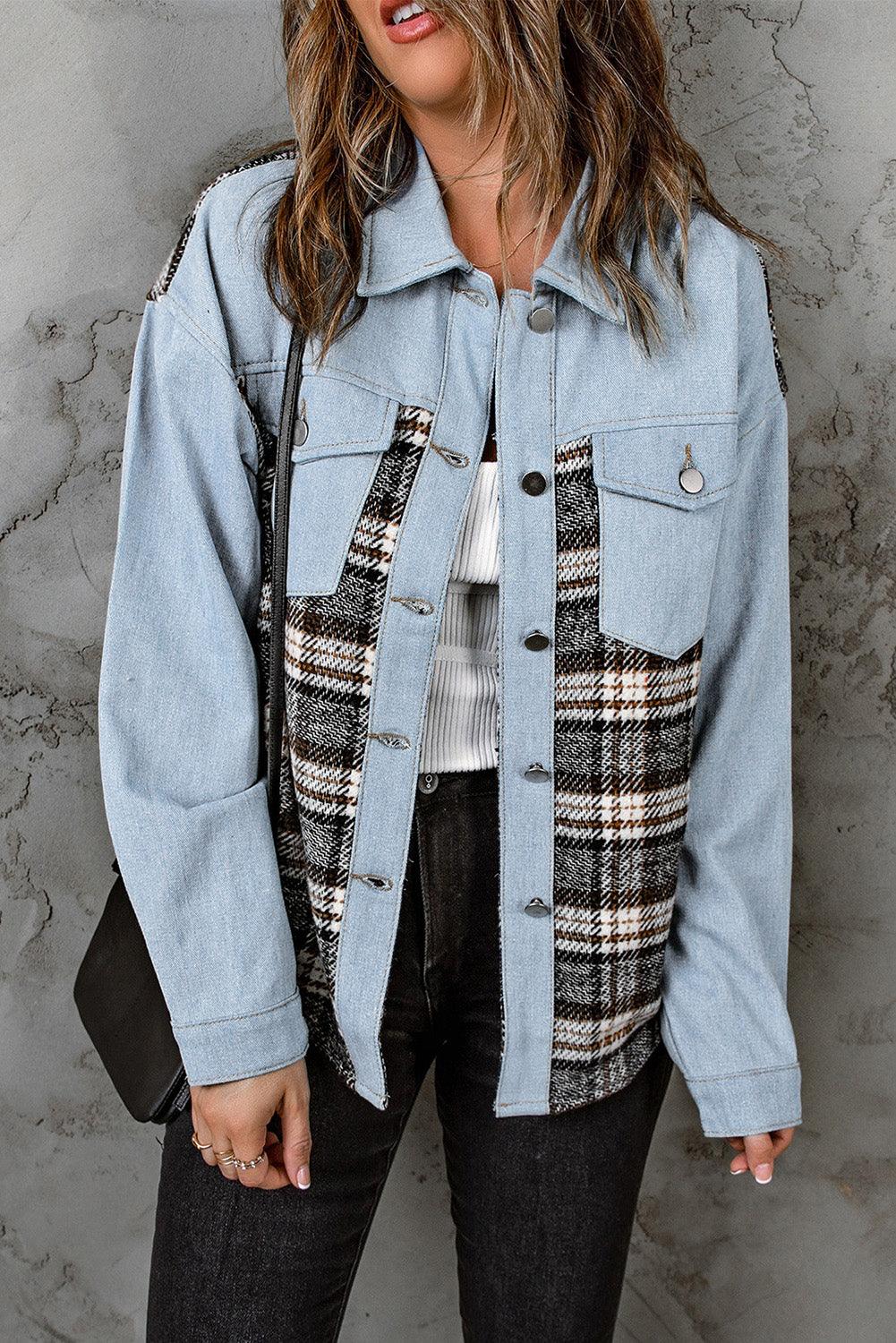Plaid Pocketed Button Up Denim Jacket Light Blue