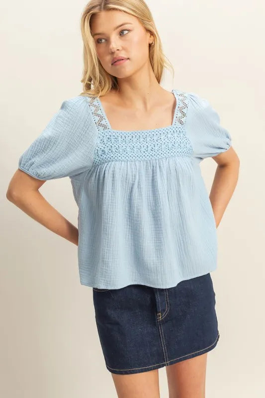 HYFVE Crochet Detail Puff Sleeve Peasant Top BLUE