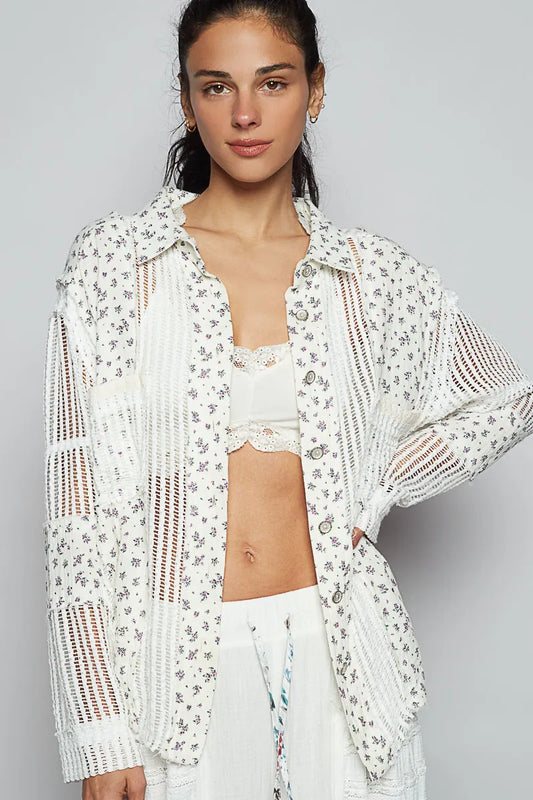 POL Floral Crochet Patchwork Long Sleeve Shirt White