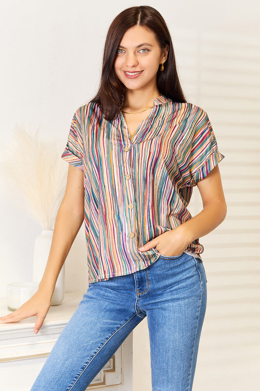 Shiny Multicolored Stripe Notched Neck Top Stripe
