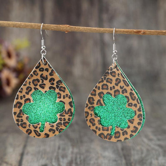 Leopard Hollowed Leather Teardrop Earrings Green One Size