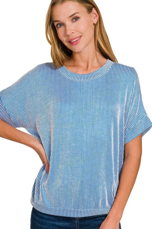 Zenana Corded Rib Short Sleeve T-Shirt OCEAN BLUE