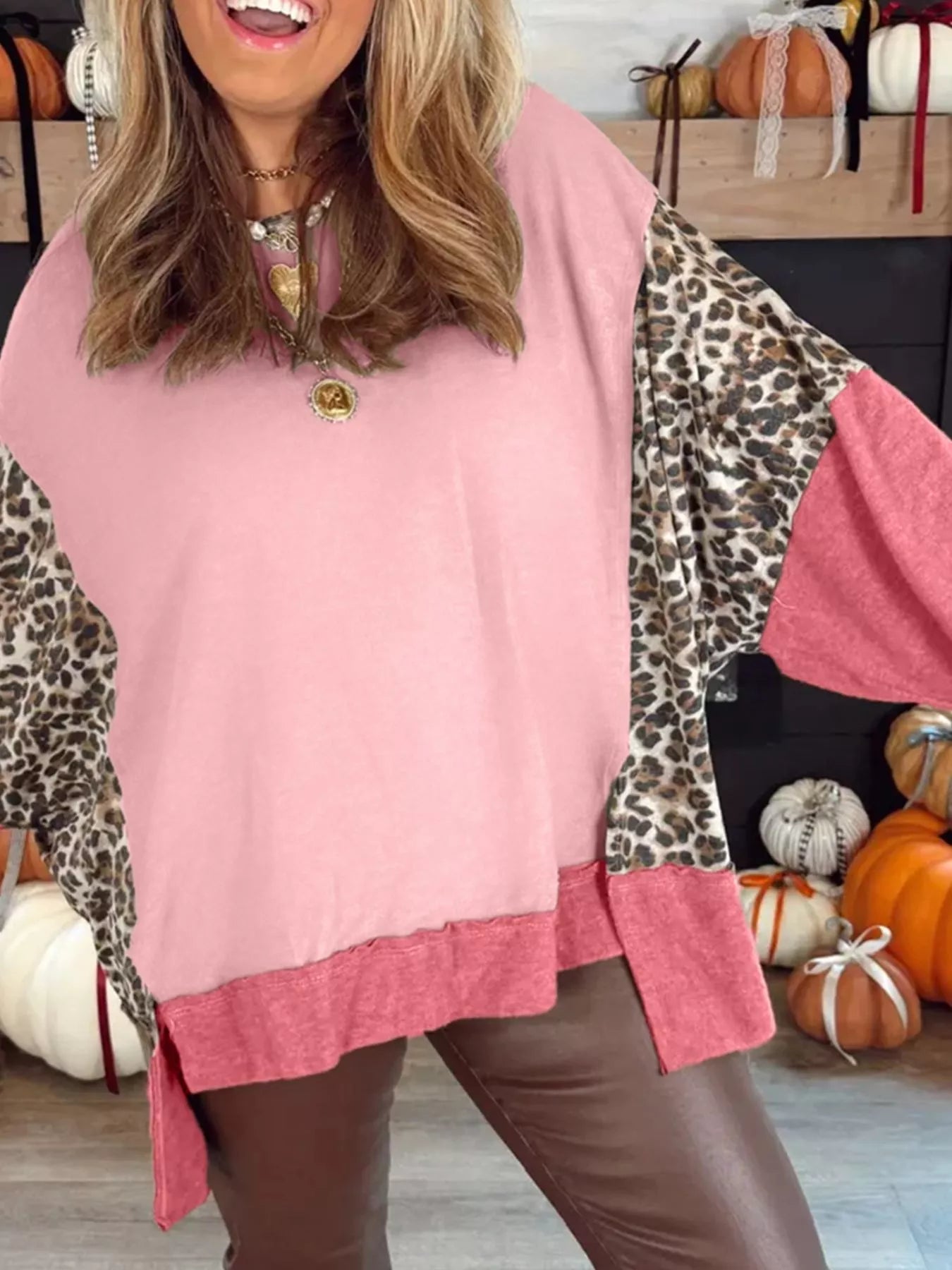 Color Block Leopard Round Neck Sweatshirt