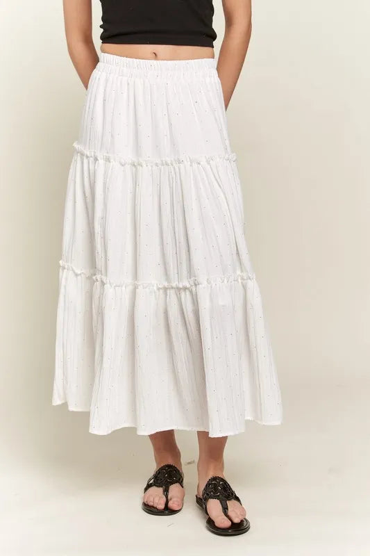 ADORA Rhinestone Accent Tiered Skirt WHITE