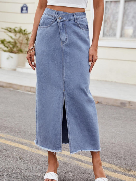 Slit Asymmetrical Waist Denim Skirt Light