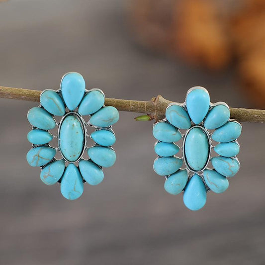 Flower Shape Artificial Turquoise Earrings Silver One Size
