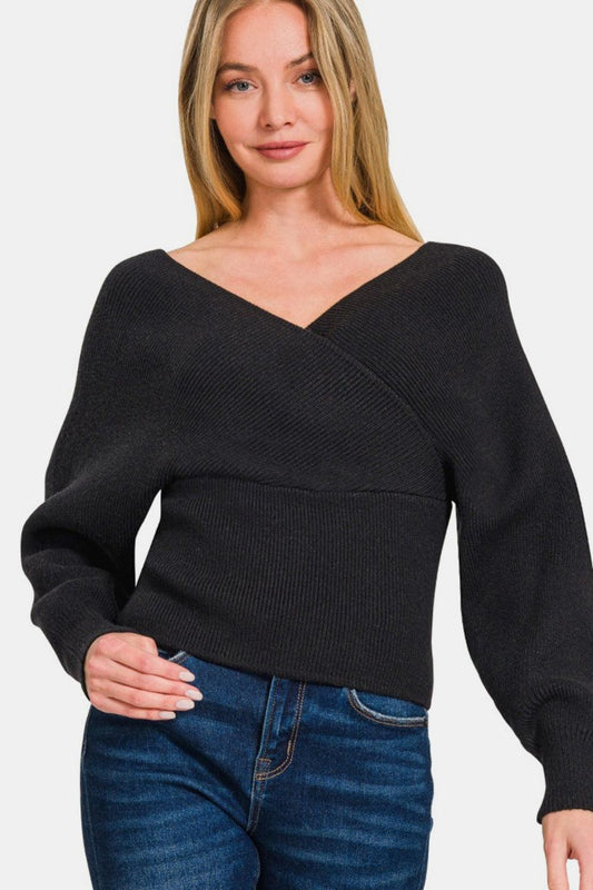 Zenana Cross Wrap Rib Long Sleeve Sweater Black