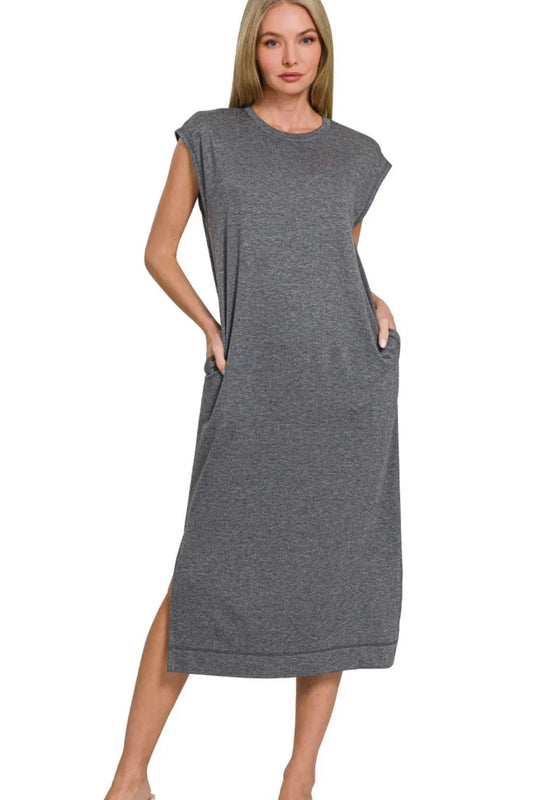 Zenana French Terry Sleeveless Round Neck Midi Dress BLACK