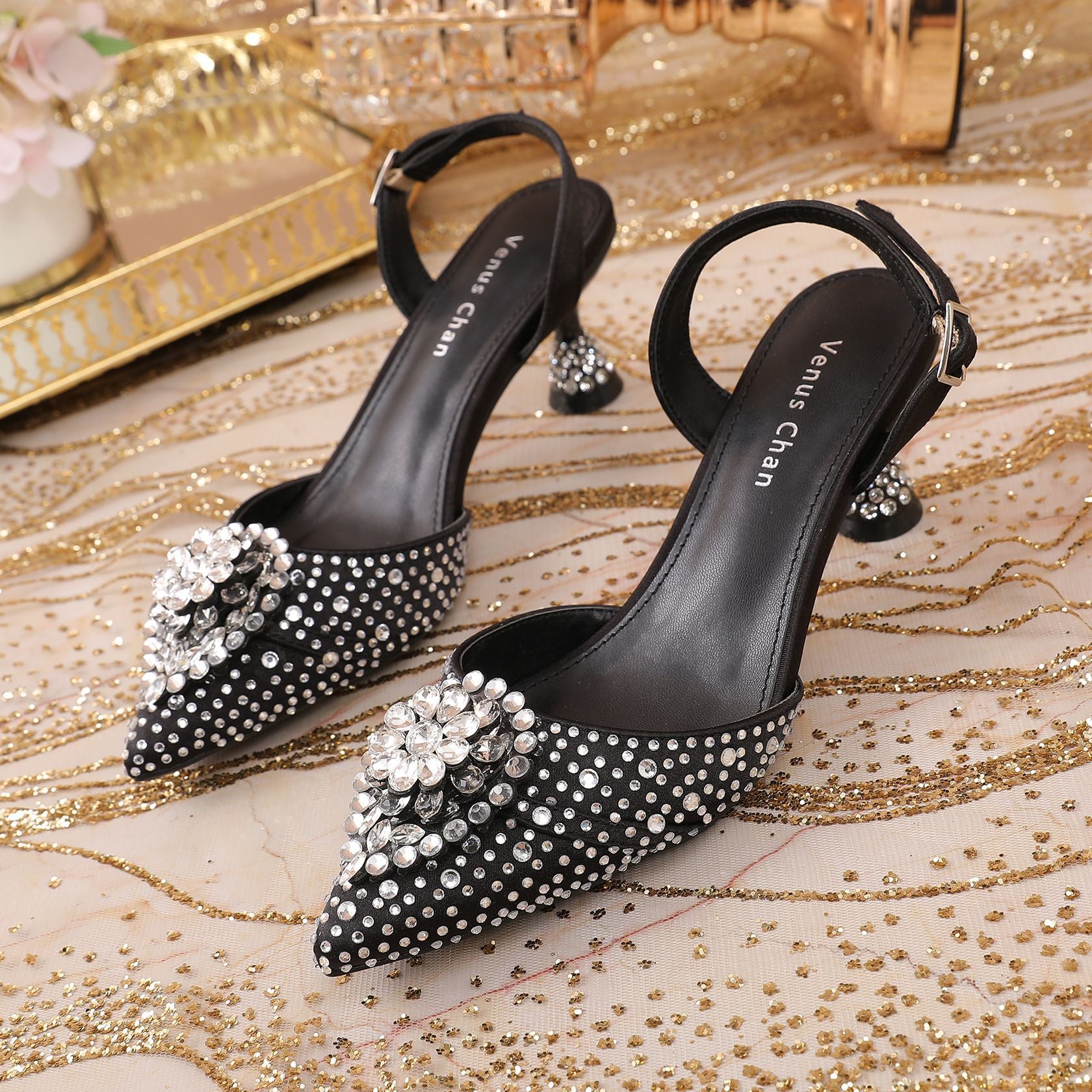 Rhinestone Point Toe Flare Heel Slingback Pumps Black