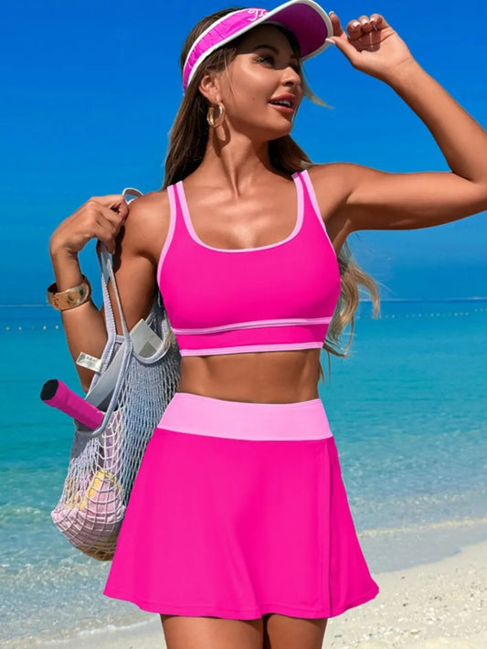 Scoop Neck Top and Skort Swim Set Hot Pink