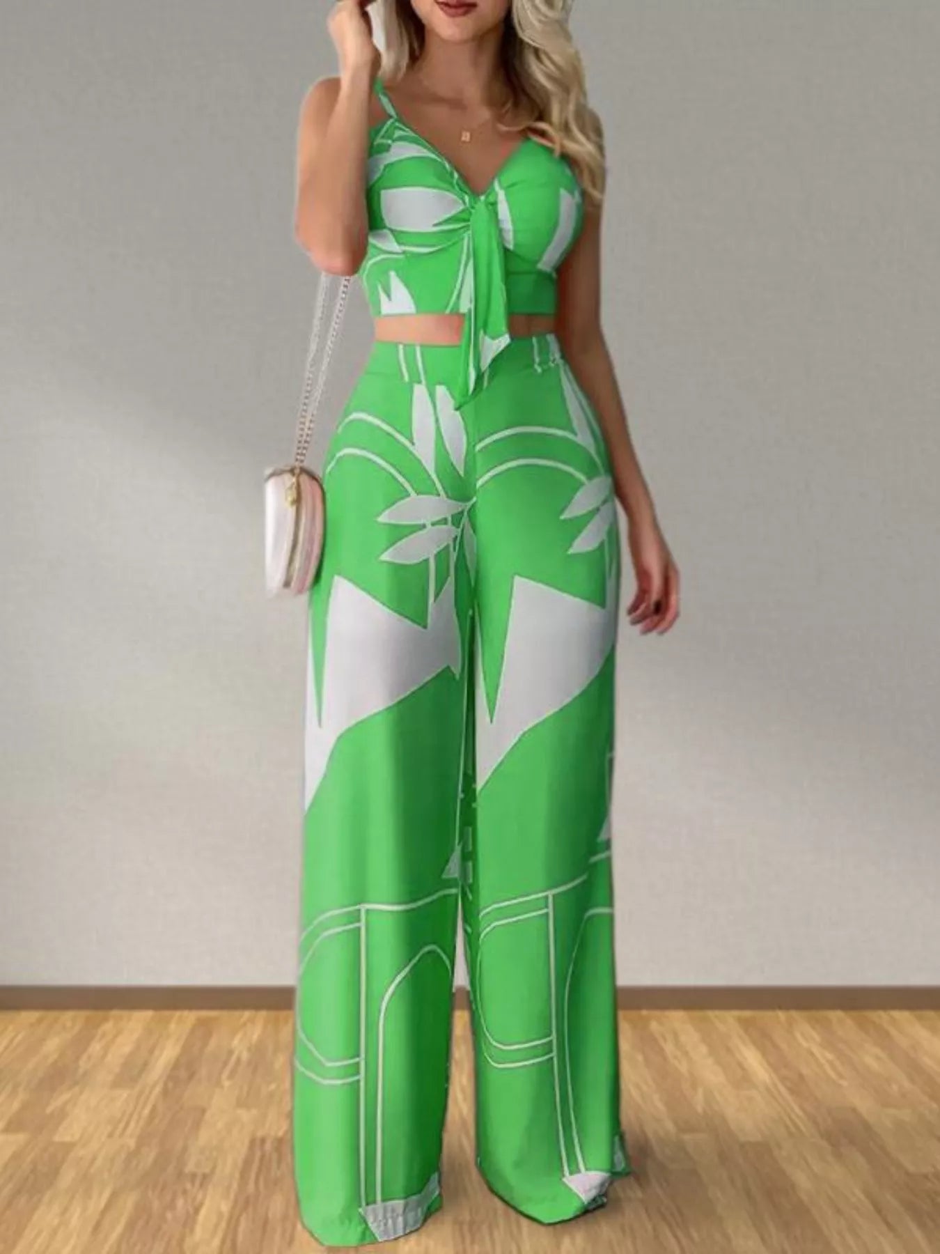 Tropical Print Spaghetti Strap Crop Top and Wide Leg Pants Set